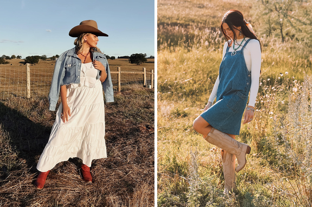 A photo montage of women wearing Justin Western Boots and western attire.